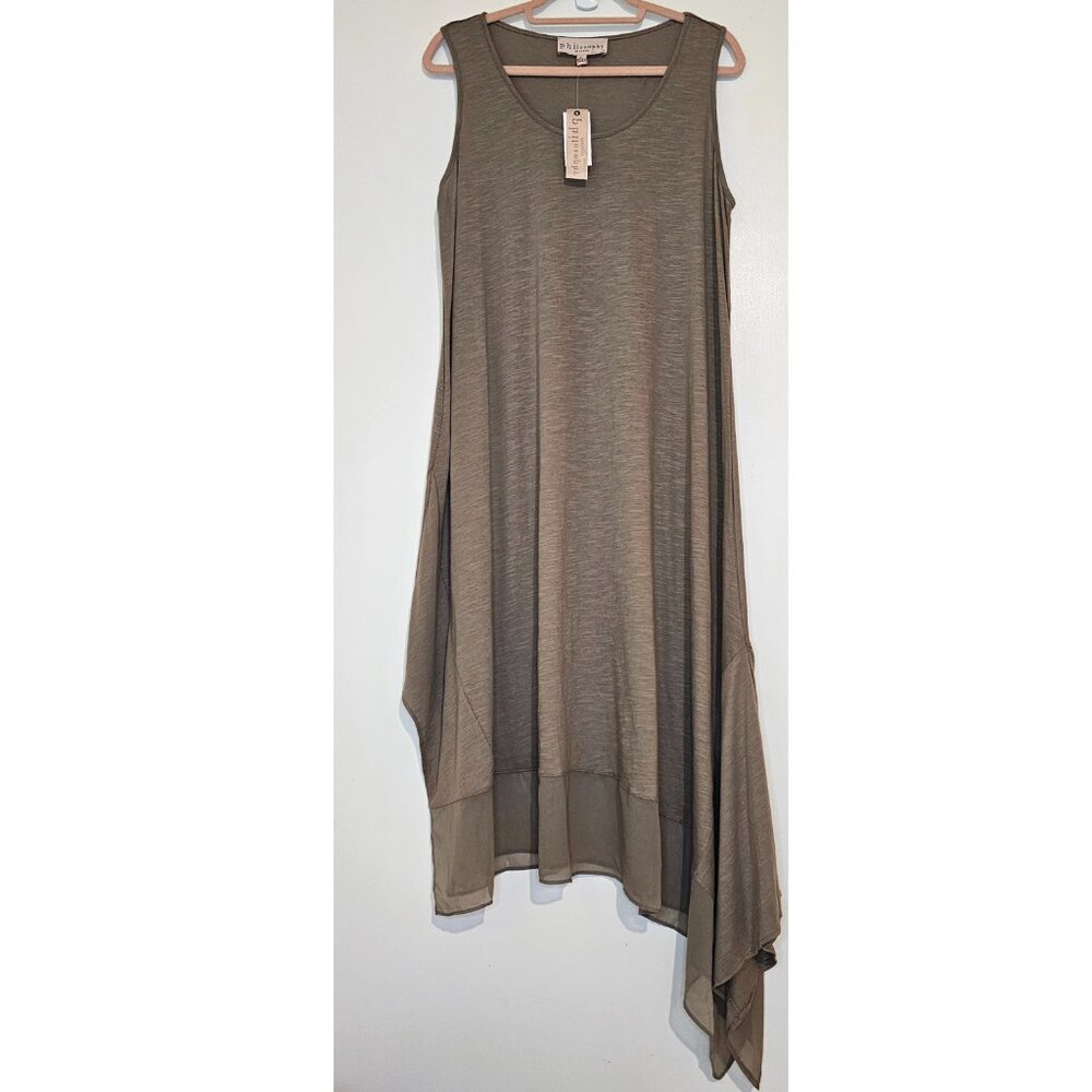 NWT!! Philosophy Cut & Sew Asymmetrical Sleeveless Midi Dress L Classic Taupe